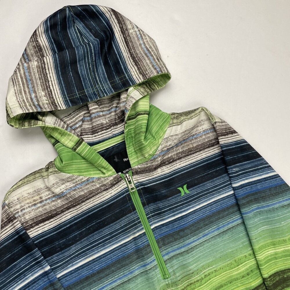 Hurley 1/4 Zip Hoodie Active Pullover Boy’s M Polyester Striped Navy Green